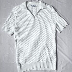 Mango cable knit polo shirt cream white cotton blend short sleeve men's M